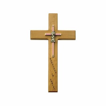 10 Inch Personalized Baptism Baby Girl Maple Wood and Brass Wall Cross | Baby | Baptism | Christening | Color: Light Brown|Pink|Gold | Material: Wood|Brass | Catholic Sacramental