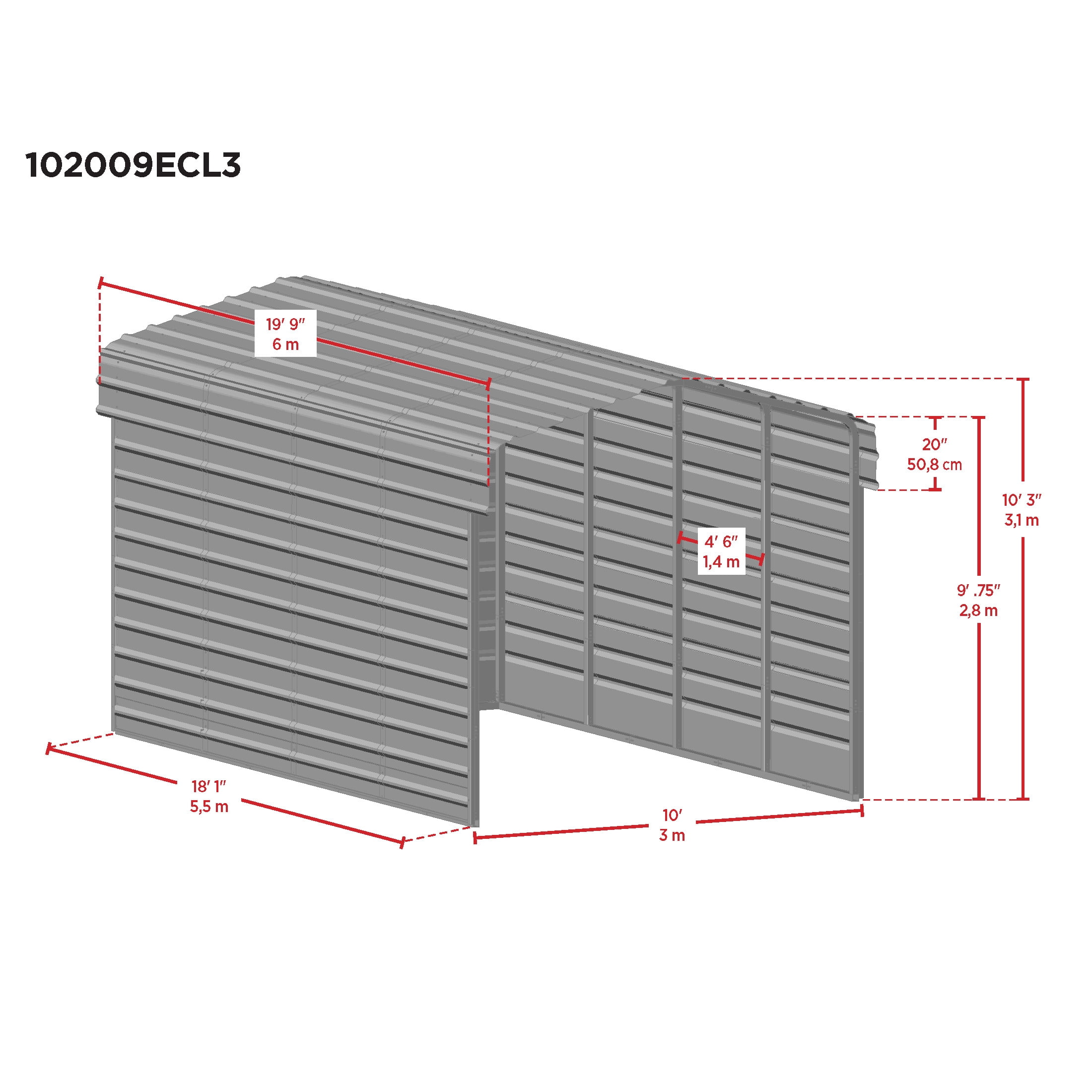 Arrow 10 x 20 x 9 ft Charcoal Steel Carport With 3 Wall Kit