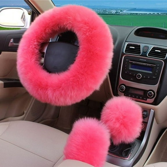 3Pcs/Set Charm Pink/Saffron Yellow Long Wool Plush Warm Steering Wheel Cover Woolen Handbrake Car Accessory