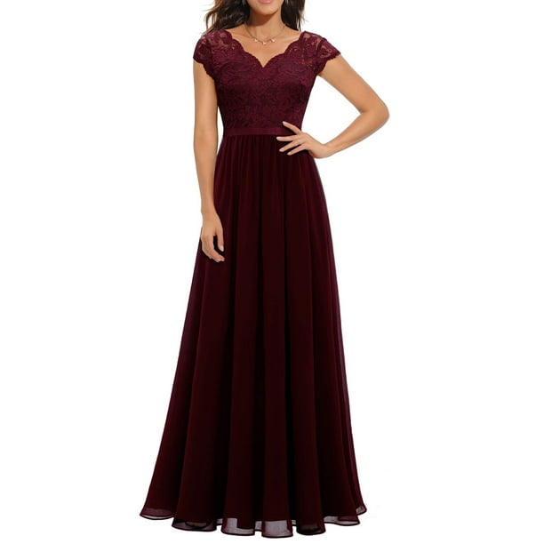 SAYOO Vestido de Noche Largo para Mujer, Vestido Elegante con Escote en V sin Espalda de Patchwork de Encaje de Color sólido, Ropa Simple de una Pieza SAYOO casual