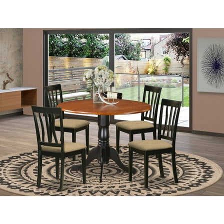 East West Furniture  5 Piece Dining Room Furniture Set- a Round Kitchen Table and 4 Dining Chairs, Black & Cherry (Seat Options) DLAN5-BCH-C