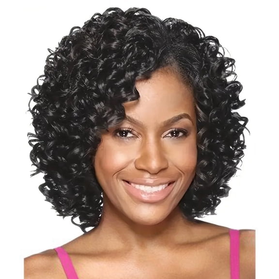 Nonivsa 12 inch Women's Black Synthetic Short Curly Wig with Side-Swept Bangs for Daily Wear Parties and Cosplay