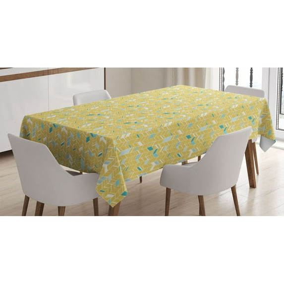 Yellow Chevron Tablecloth, Herringbone Pattern Zig Zag Lines in Hand Drawn Doodle Art Style, Rectangle Satin Table Cover Accent for Dining Room and Kitchen, 52" X 70", Pale Blue Mustard, by Ambesonne