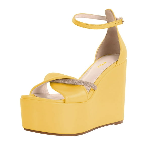 FSJ Women Graceful Round Open Toe Platform Wedge High Heels Sandals Ankle Strap Adjustable Buckle Party Evening Dress Shoes Size 8 Yellow