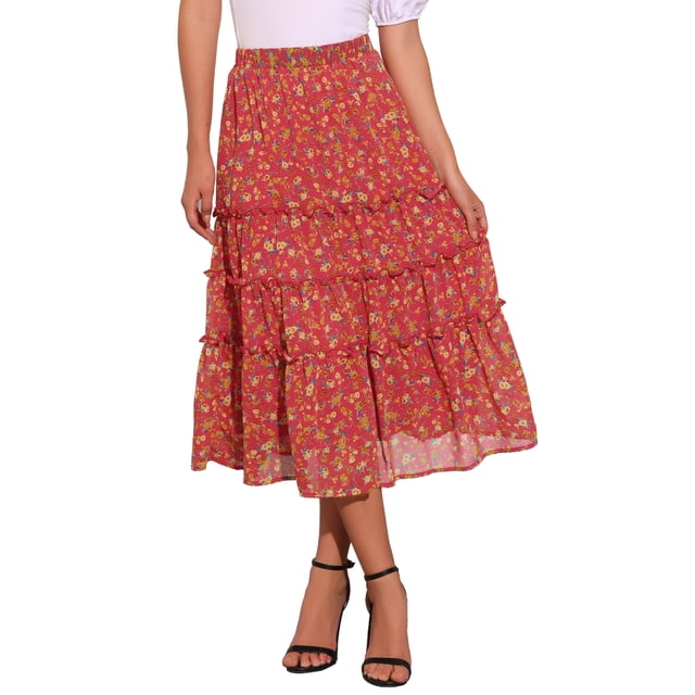 Falda Floral de Mujer INSPIRE CHIC con Cintura Alta Elástica, Largo hasta el Tobillo, Falda A-Line de Chifón, Flor Roja M