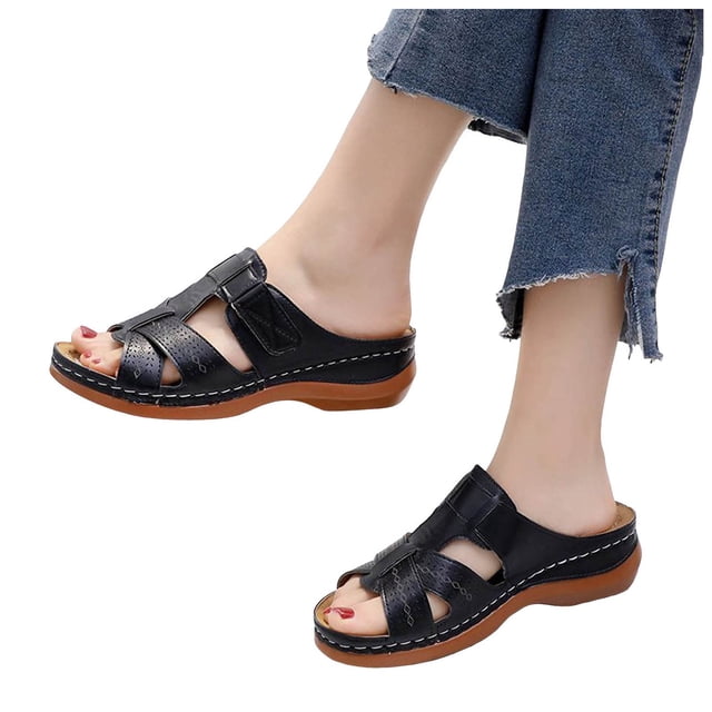 Womens Orthopedic Slippers Walking Slip on Sandals Comfortable Leather Wide Open Toe Platform Wedge Slides