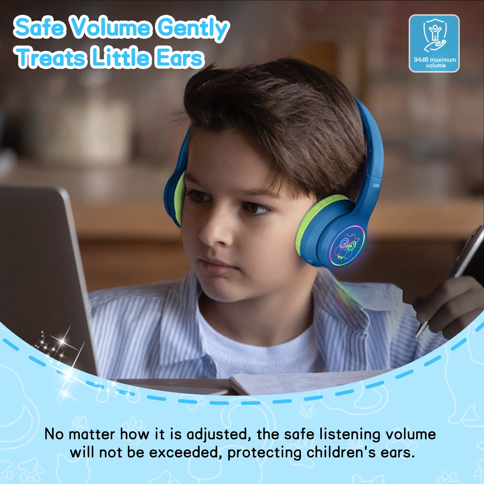 LOBKIN Headphones for Kids,Over Ear Wireless Headphones with Mic,ANC,50H Playtime,Kids Headphones for Travel/School/Tablet,Blue Green