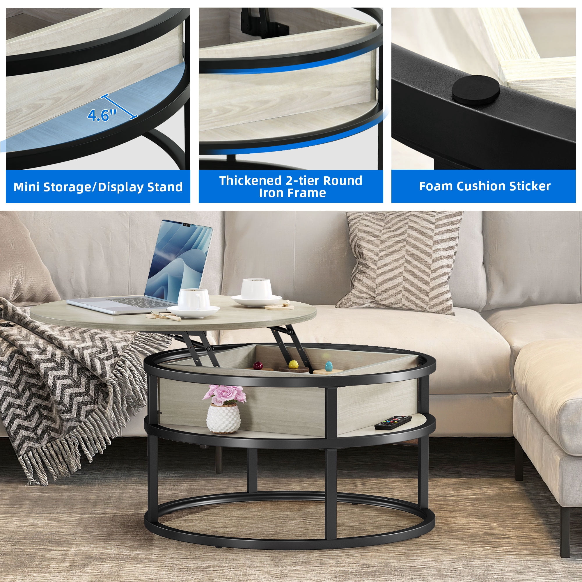 Dextrus Modern Lift Top Round Particle Board Coffee Table, White Oak