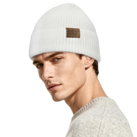August Crown Winter Beanie for Men Women - White, Fleece Lined with Thermal Inner Lining, Soft Warm Knit Hat
