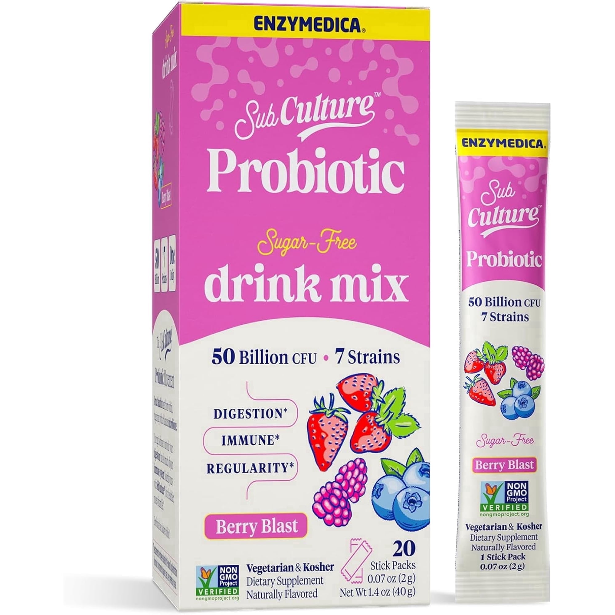 Enzymedica, SubCulture Berry Blast Probiotic Powder, Daily Drink, Supports Gut Health & Immune Function, Probiotics for Women and Men, Sugar-Free, 20 Stick Packs