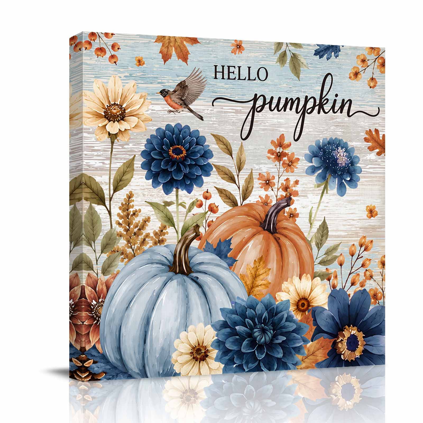 Canvas Wall Art Thanksgiving Framed Canvas Prints for Bathroom Kitchen Fall Pumpkin Flowers Blue Wood Grain Gallery Wrapped Wall Decor for Home Office Gifts 10 x10 Ship Next Day