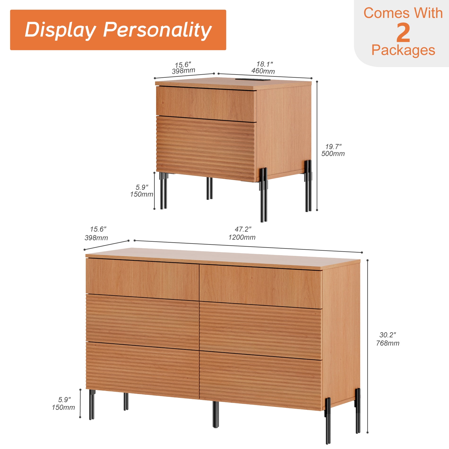 2 Pcs Bedroom Set, 6 Drawer Dresser And Nightstand Set with Minimalist Reeded Design, Oak Double Dresser With Hidden Handles