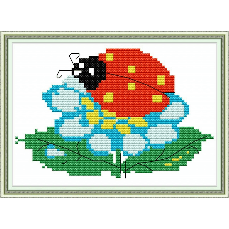 Cross Stitch Kits Stamped for Adults Beginner Kids, Ladybug Blue Flower  11CT 25×19cm DIY Embroidery Needlework Kit with Easy Funny Preprinted  Patterns