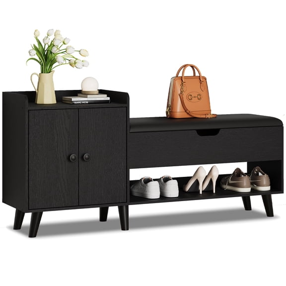 Entryway Shoe Storage Bench 50 Inches, Hidden Cabinet and Shelf Design for 16 Pairs of Shoes, Versatile Living Room Bedroom Furniture, Black Vintage Style