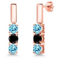 Gem Stone King 18K Rose Gold Plated Silver Blue Apatite and Black Diamond Drop Dangle Earrings for Women | 1.54 Cttw | Gemstone Birthstone | Round 5MM