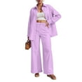 thumbnail image 2 of YDFCWXW 2 Piece Outfits for Women Casual Lounge Sets Long Sleeve Button Down Shirts and Wide Leg Pants Sets Tracksuit Purple, S, 2 of 7