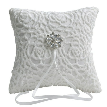 - White Lace Rhinestone Wedding Ring Bearer Pillow, 6 x 6 inch, Wedding Collection