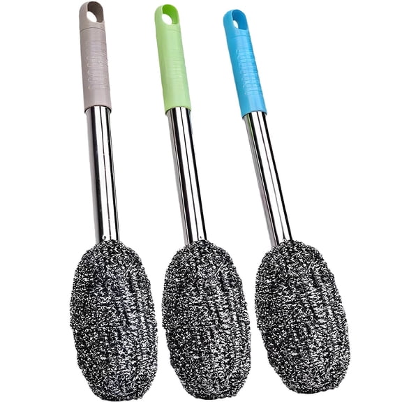 Steel Wool Scrubber with Long Ergonomic Handle,Stainless Cast Iron Cleaner Brushy, Kitchen Dishwashing Pot Scrubber for Deep Cleaning Pots Pans Grills Sink Tiles and Bathroom Surfaces