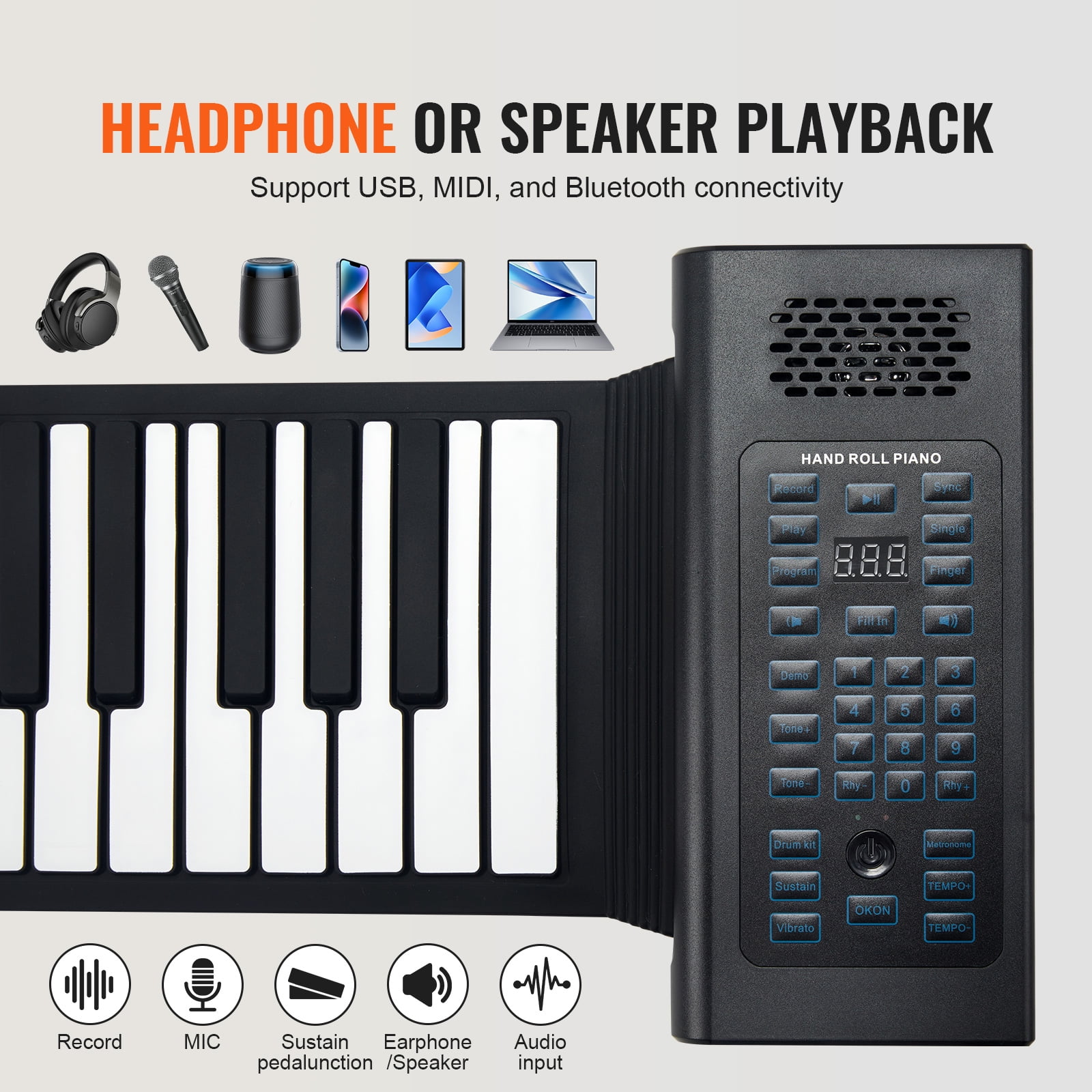 VEVOR 88 Keys Roll Up Keyboard Piano, 128 Rhythms, 128 Tones Portable Electric Digital Hand Roll Piano with Rechargeable Battery 2W Speaker LED Display 5 Ports MIDI Function, for Beginners Adults