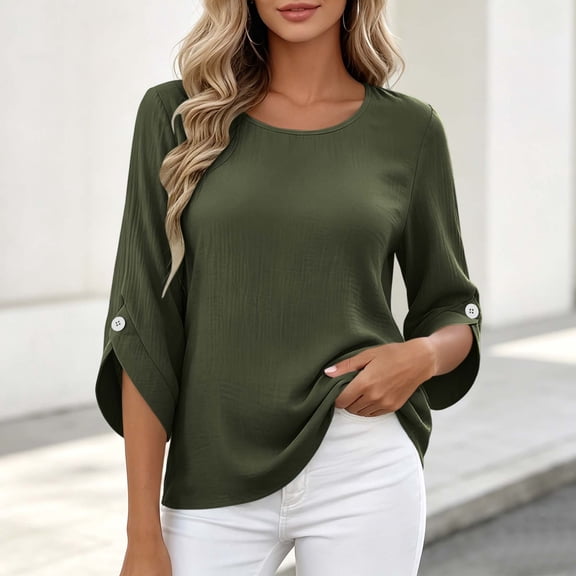 Yteetum 3/4 Length Sleeve Summer Tops for Women Oversized 3/4 Sleeve Crewneck Cotton Linen Shirts Casual Solid Round Neck Loose Lightweight Comfy Half Sleeve T Shirts