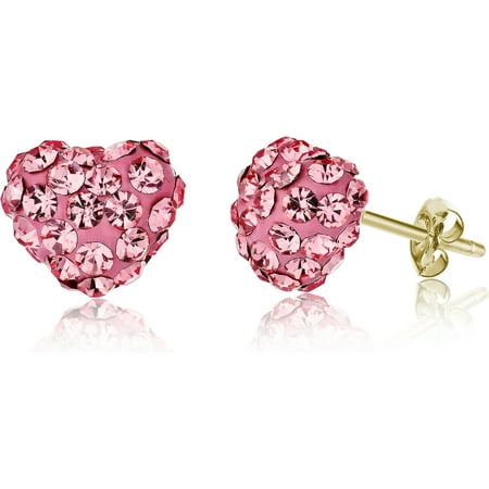 Pori Jewelers 14K Solid Gold Pave Rose Crystal Puff Heart Earrings Made Wswarovski Elements