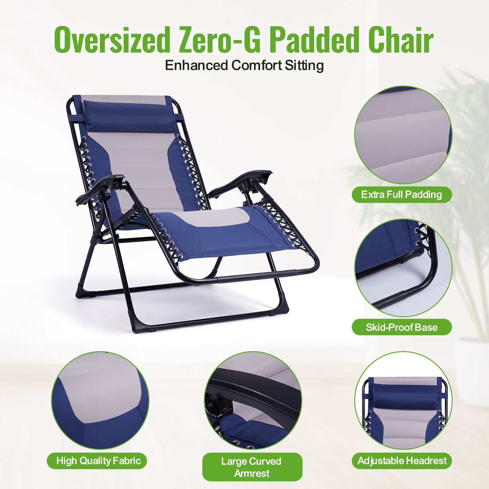 Backyard Expressions Deluxe XL Padded Recliner Chair – Ergonomic Anti-Gravity Lounger with Folding Design, Side Tray, and Adjustable Headrest