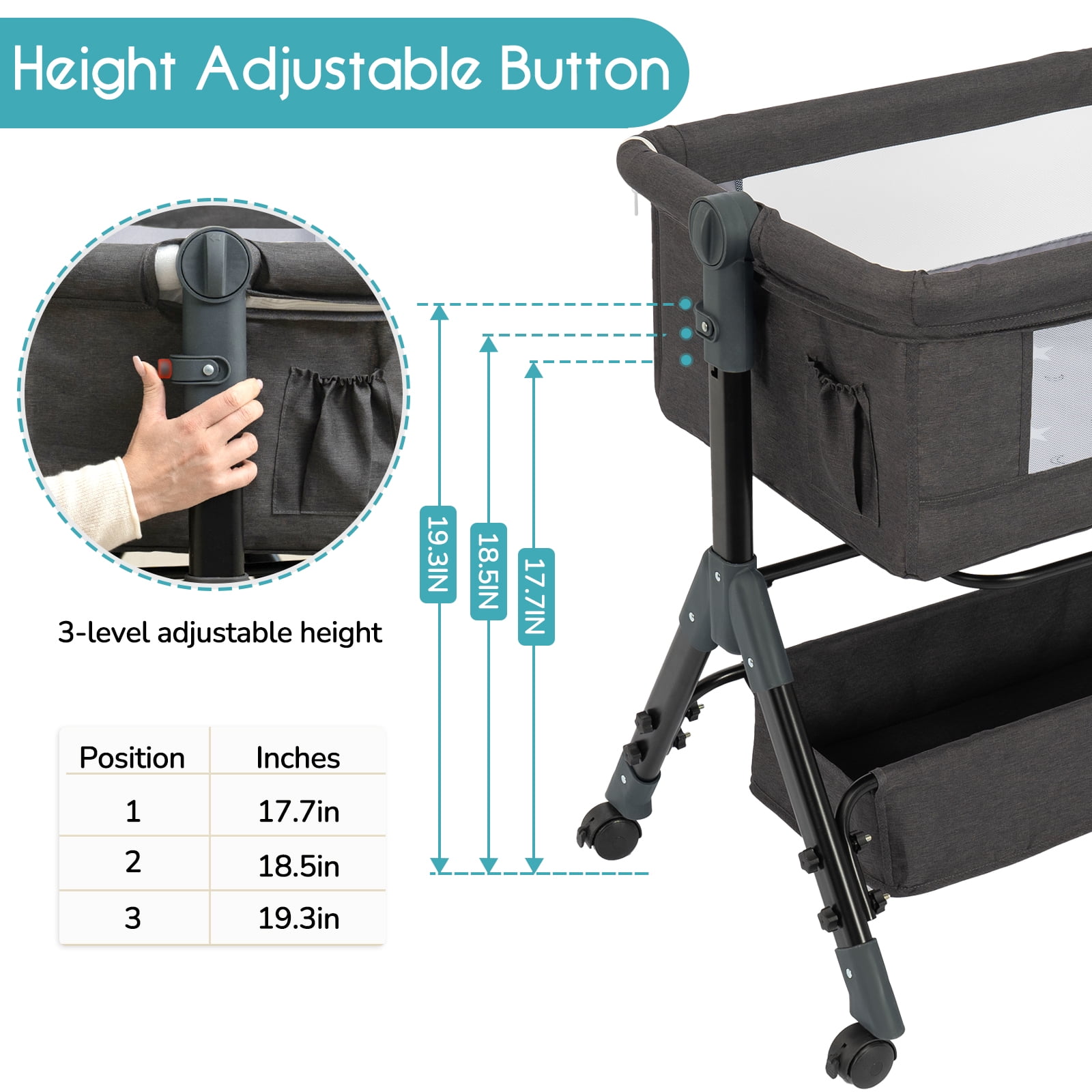 Poit Portable Baby Bassinet, Adjustable Bedside Sleeper for Infants up to 18 Months, Dark Gray