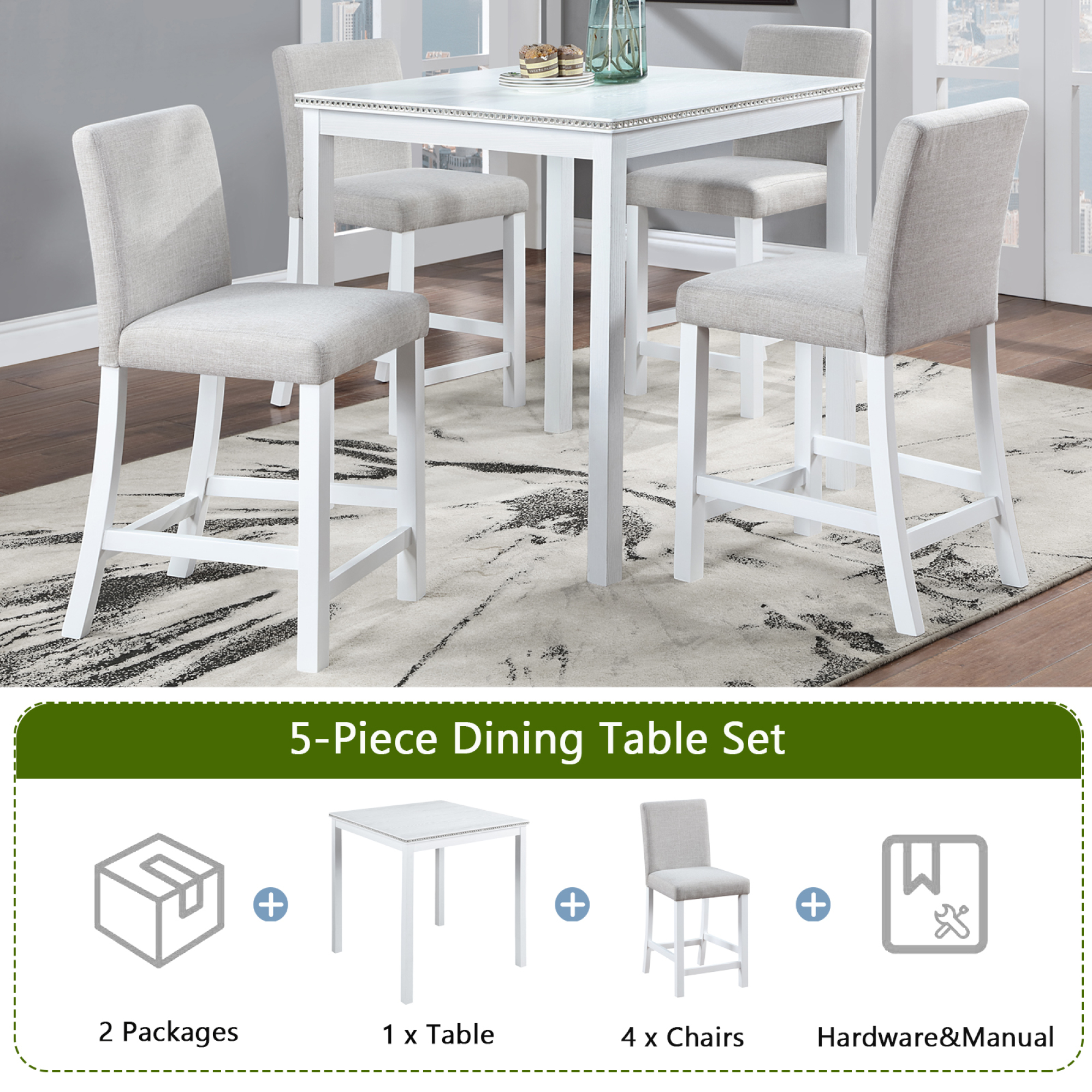 Leumius 5 Pieces Dining Table Set,Counter Height Table Set with Square Table and 4 Upholstered Chairs,Wooden Kitchen Table Set for Kitchen, Dining Room,Light Gray+White
