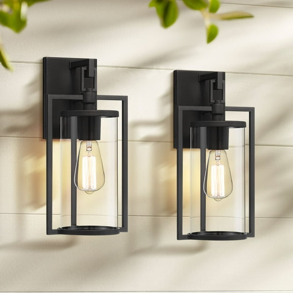 John Timberland Rennes 15 3/4" High Modern Outdoor Wall Light Fixture Mount Porch House Exterior Set of 2 Black Clear Glass Shade