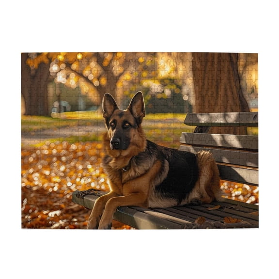 500-Piece Wooden Jigsaw Puzzle for Adults - German Shepherd Bench Autumn , Interlocking Pieces with Guide Letters, Holiday Gift & Home Decor