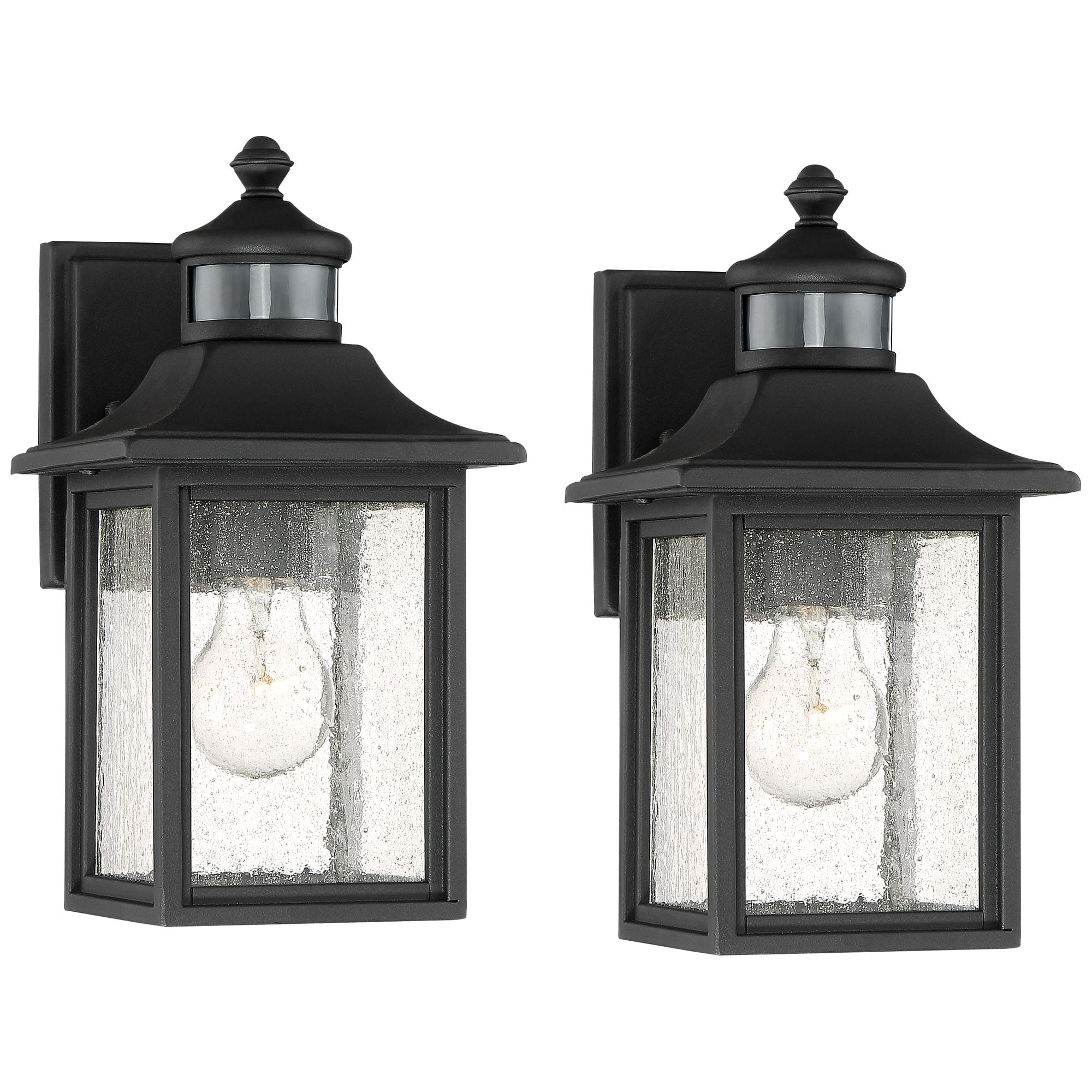 John Timberland Moray Bay Mission Outdoor Wall Light Fixtures Set of 2 Black Dusk to Dawn Motion Sensor 11 1/2" Seedy Glass for Exterior