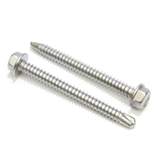 Bolt Dropper No. 10 x 2" Stainless Hex Washer Head Self Drilling Screws, (100 pc), 410 Stainless Steel Self Tapping TEK, No. 3 Point, Plain Finish