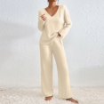 thumbnail image 6 of Soft Ribbed Fall Loungewear Outfit Women's Long Sleeve V-Neck Top & Relaxed Wide Leg Pants, 6 of 8