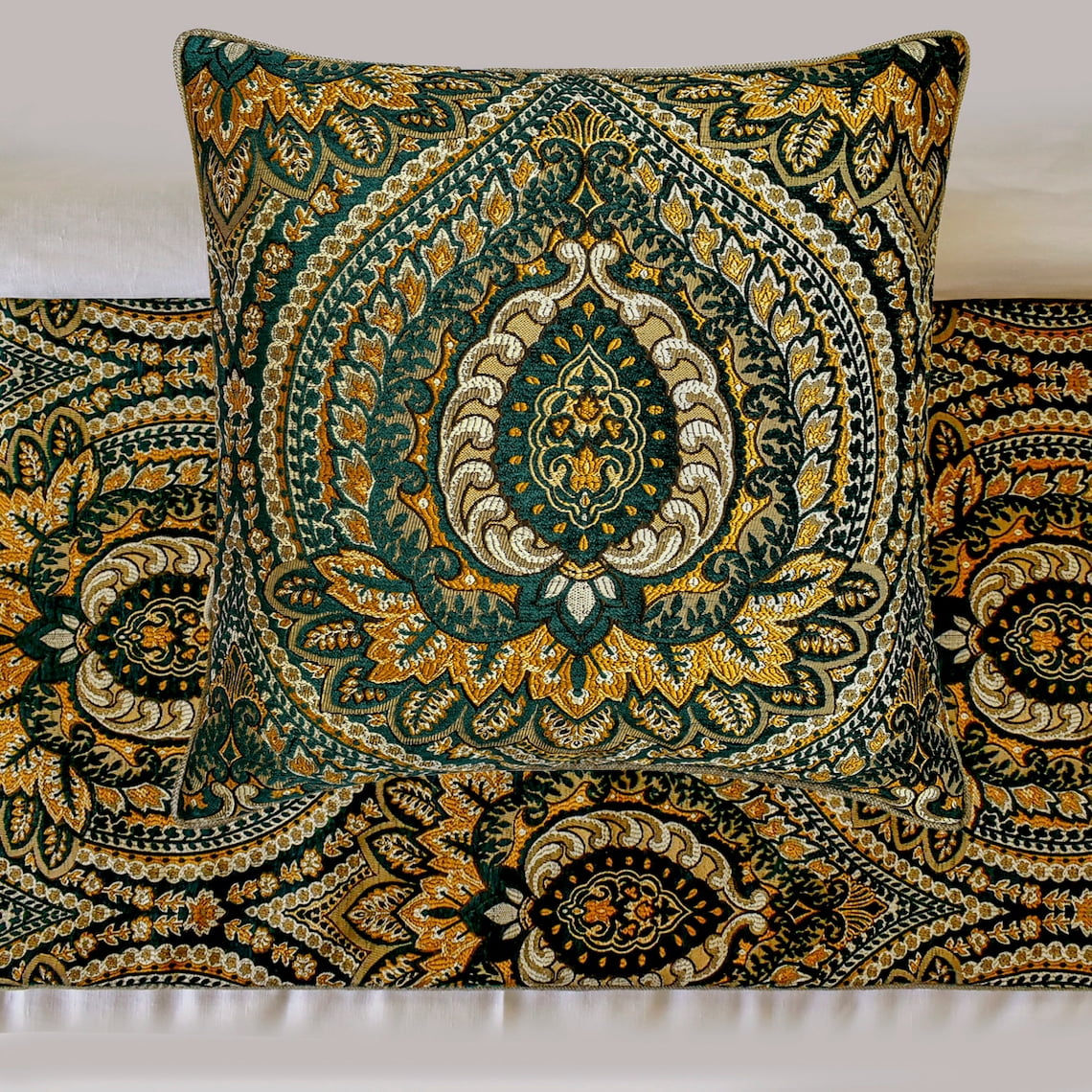 The HomeCentric King / Queen / Twin Green Designer Queen 74"x18" Bed Runner WITHOUT Pillow Cover, Damask, tassels & Tapestry Bed Scarf on Jacquard fabric - Damask Tapestry