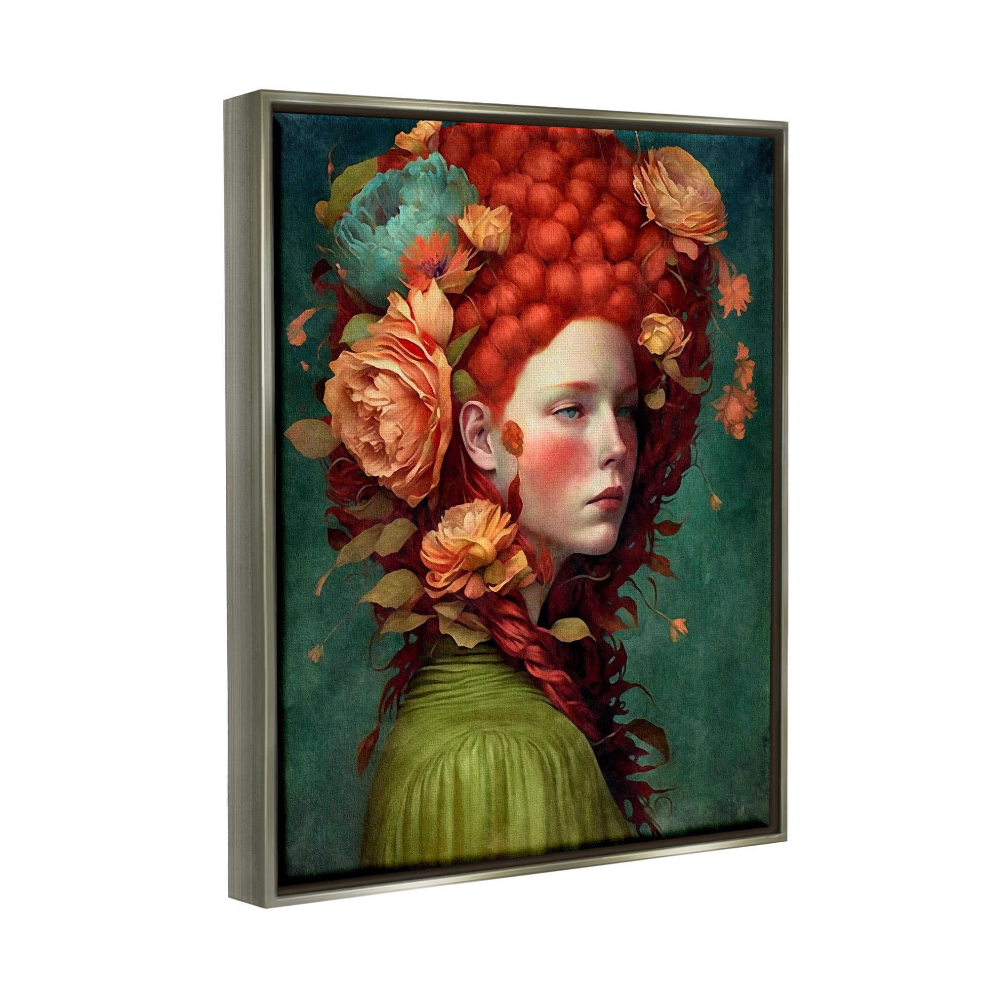 Stupell Industries Woman with Peonies Portrait Botanical & Floral Painting Gray Floater Framed Art Print Wall Art, 17 x 21