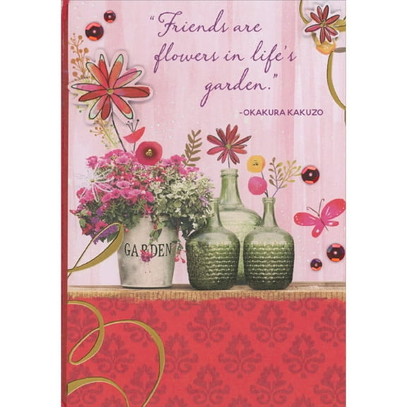 Designer Greetings Friends are Flowers in Life's Garden: 3D Tip On Flowers, Red String, Red Sequins Hand Decorated Valentine's Day Card for Friend