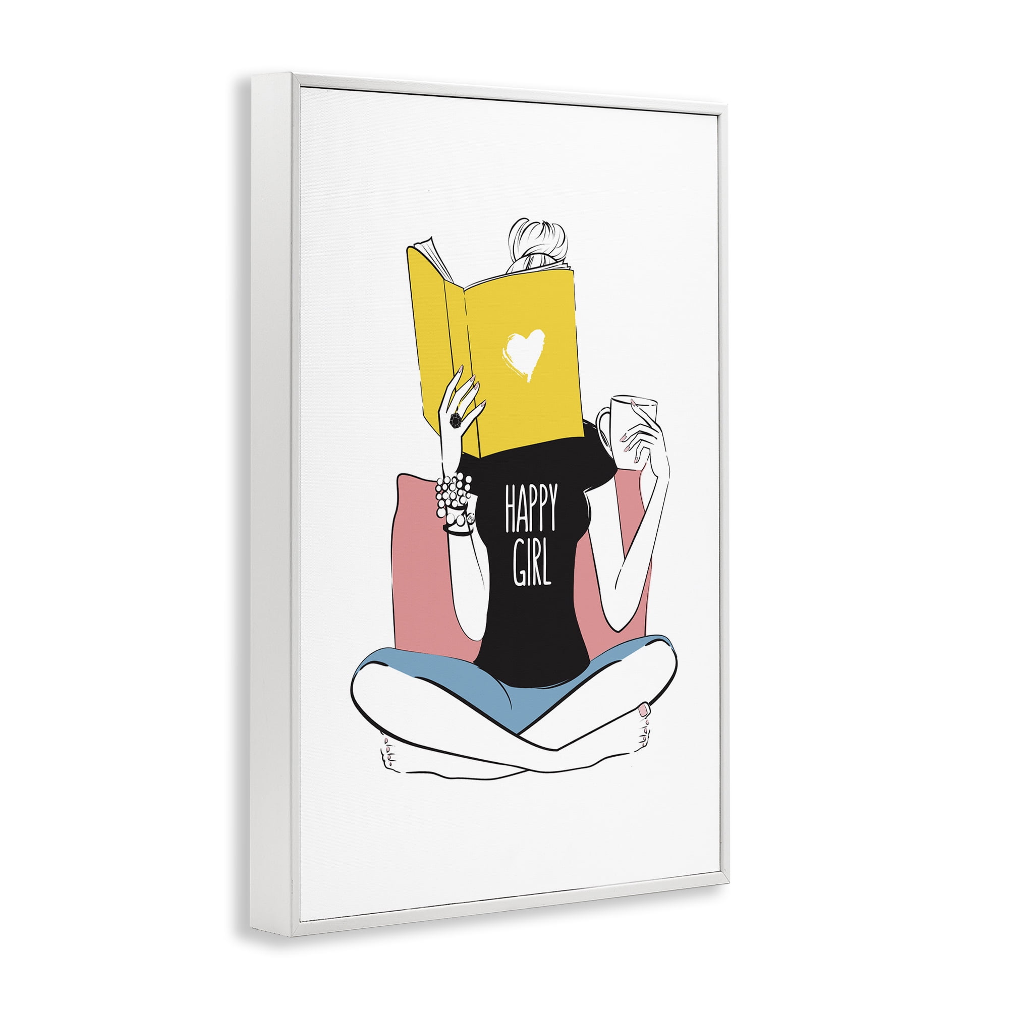Stupell Industries Happy Reader Girl Novelty Painting White Framed Art Print Wall Art, 20 x 30
