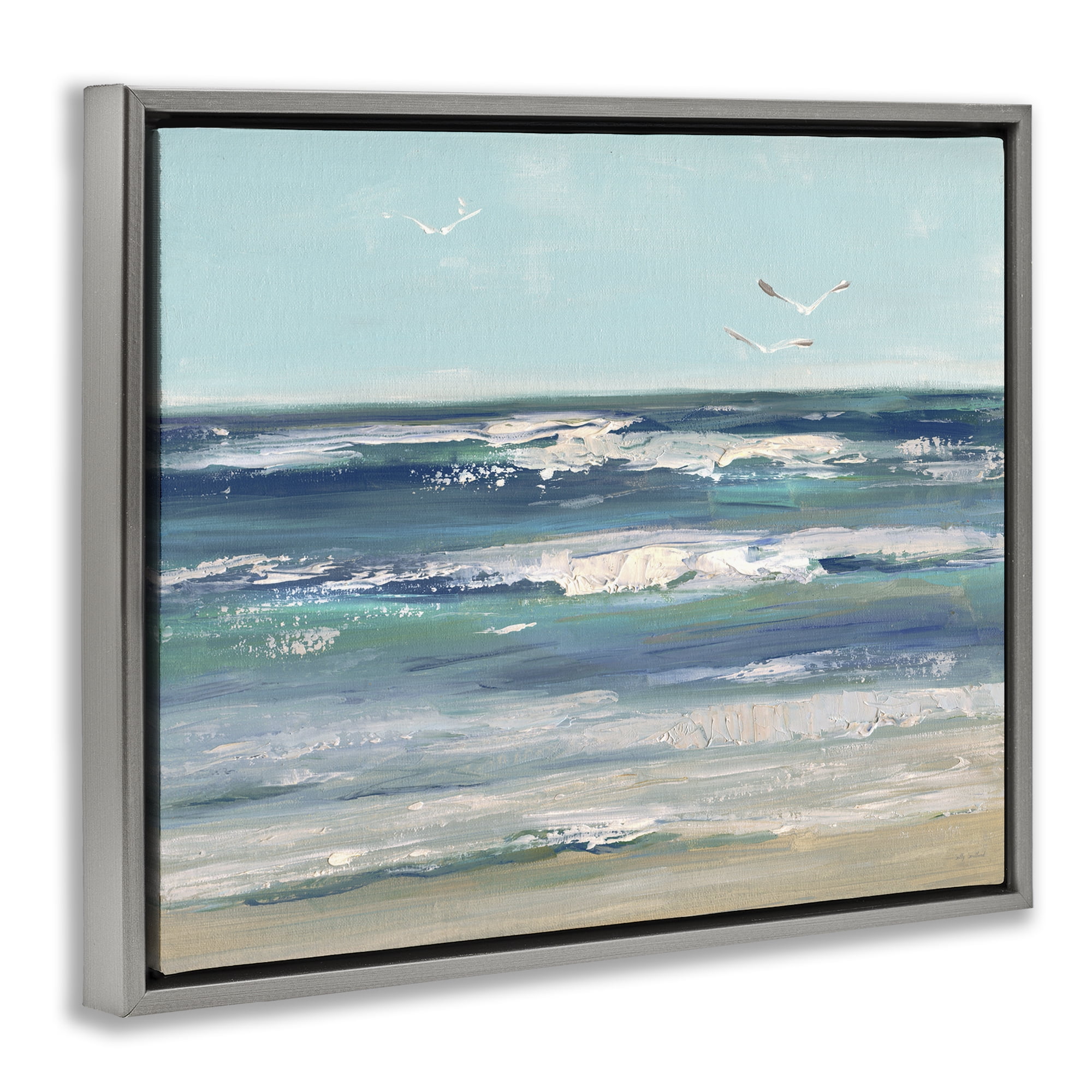 Stupell Industries Seagulls over Rolling Waves Gray Framed Floater Canvas Wall Art, design by Sally Swatland