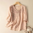 thumbnail image 2 of Summer Womens Plus Size Tops Embroidered 3/4 Sleeve Boho Linen Shirts V Neck Tunic Peasant Clothes, 2 of 5