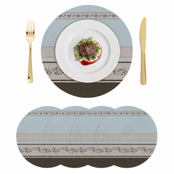 Aqua Floral Round 13 Inch Placemats Set of 4, Modern Farmhouse Leaves Brown Striped HeatResistant Non Slip Place Mats for Dining Table, Wipeable Braided Kitchen Table Mats for Housewarming