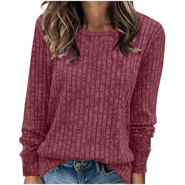 Fanxing Chemises à Manches Longues pour Femmes Tuniques Hauts Coupe Ample Habillé Col Rond Pull Basique Extensible Pulls T-Shirts pour Femmes 2025