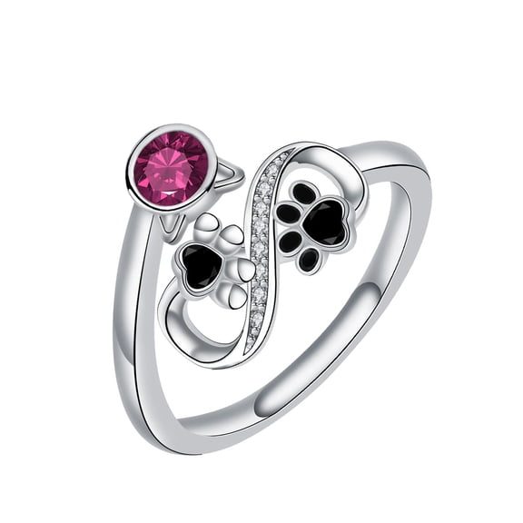 Sterling Silver Cat Dog Paw Print Ring for Women, Adjustable Open Ring with Red Cubic Zirconia, Cute Animal Pet Jewelry Gifts for Pet Lovers, Birthday Anniversary Christmas Gifts