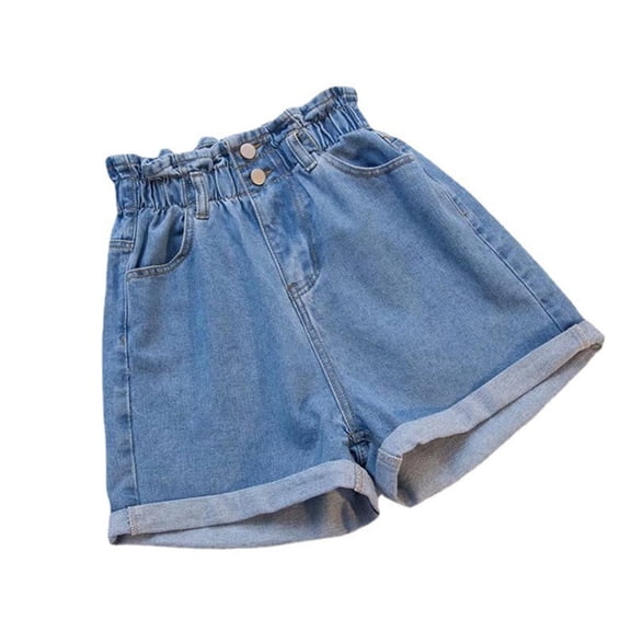 Hurxie Women's Paper Bag Waist Button Roll Up Hem Denim Shorts with Pockets Blue,XS