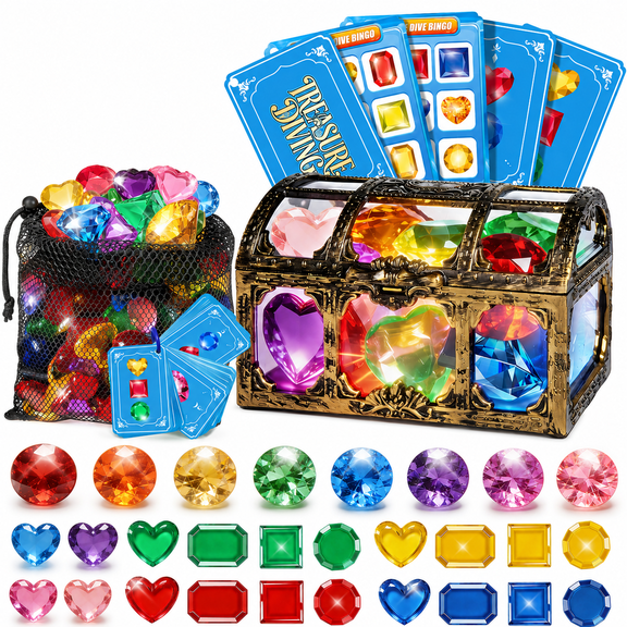 Pool Diving Toys for Kids Ages 6 , 80 Sinking Gems with Treasure Chest, 40 Waterproof Game Cards, 4-in-1 Underwater Treasure Hunt Games