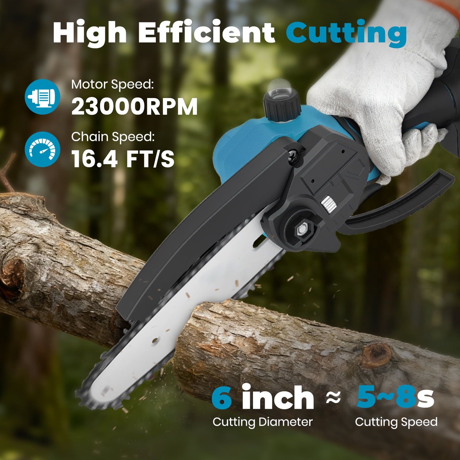 BAOKALER 6 inch Cordless Mini Chainsaw with 2x2000mAh Batteries, Portable Handheld Electric Chain Saw, Blue