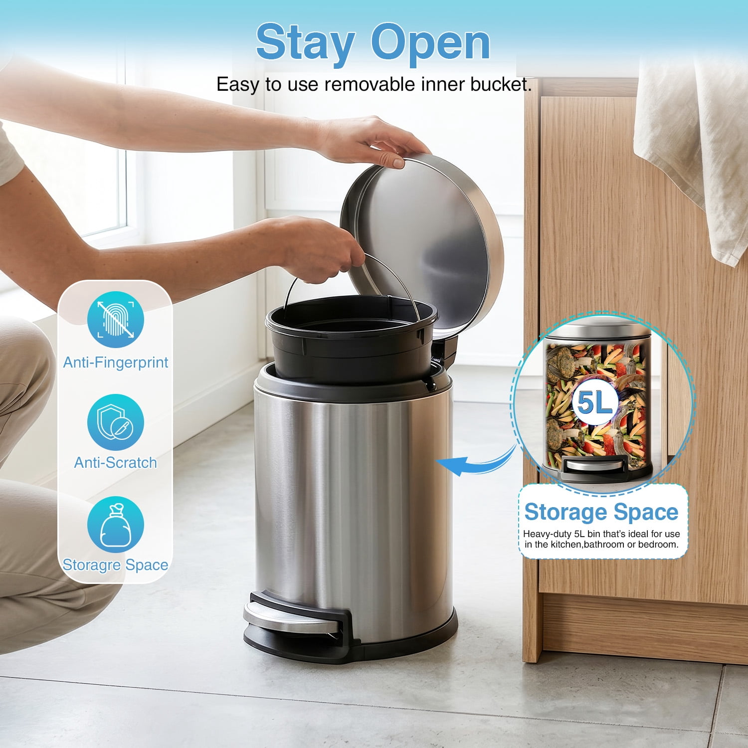 FDW 1.32 Gallon Stainless Steel Mini Step Kitchen Trash Can with Soft Lid for Indoor, 2 Pack(Silver)