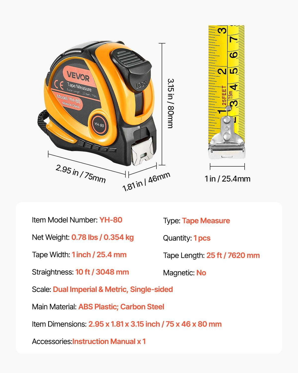 25 Feet Tape Measure Retractable with Imperial and Metric Scales, ABS Durable Case for Indoor Outdoor Construction and Decoration