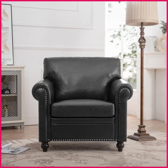 Modern PU Leather 1-Seater Sofa for Living Room - Roll Arm with Silver Nail Accents & Detachable Cushion