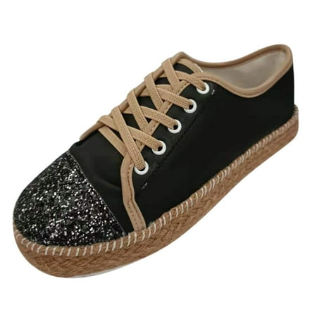 

Youmylove Women Sequin Breathable Stylish Flat Round Toe Comfortable Lace-Up Casual Single Shoes Cozy Comfy Footwear