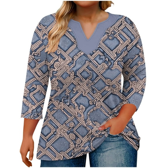 Womens Plus Size 3/4 Sleeve Tops Casual V Neck Button Tee Shirts Basic Loose Fit Tunic Blouse